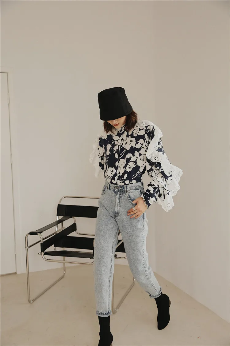 WHITNEY WANG Blouses 2020 Spring Fashion Streetwear Lace Ruffles Patchwork Florals Printed Blouse Women Blusas Lady Shirt Top | Женская
