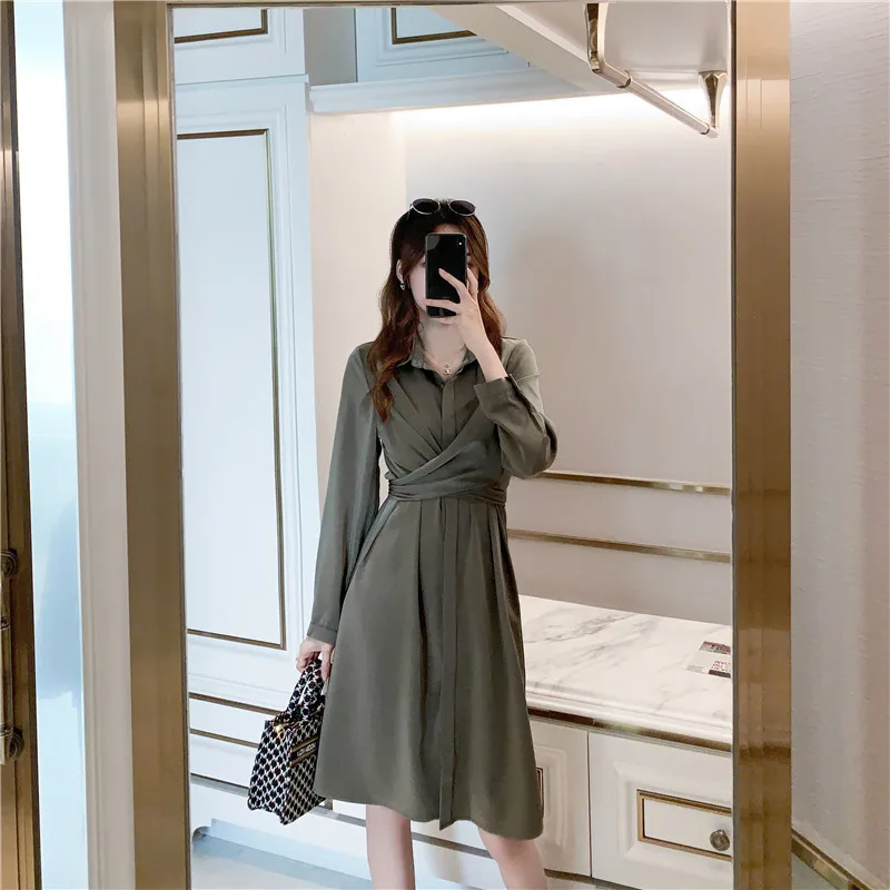 

2021 design sense satin shirt skirt dress female high-end temperament long-sleeved lace-up waist bottoming skirt