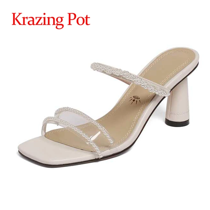 

lenkisen genuine leather square toe high heels round heel shallow high fashion pearl fairy slip on women sandals shoes L29