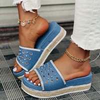 2021 summer new fashion temperament denim blue slippers waterproof platform large size womens shoes