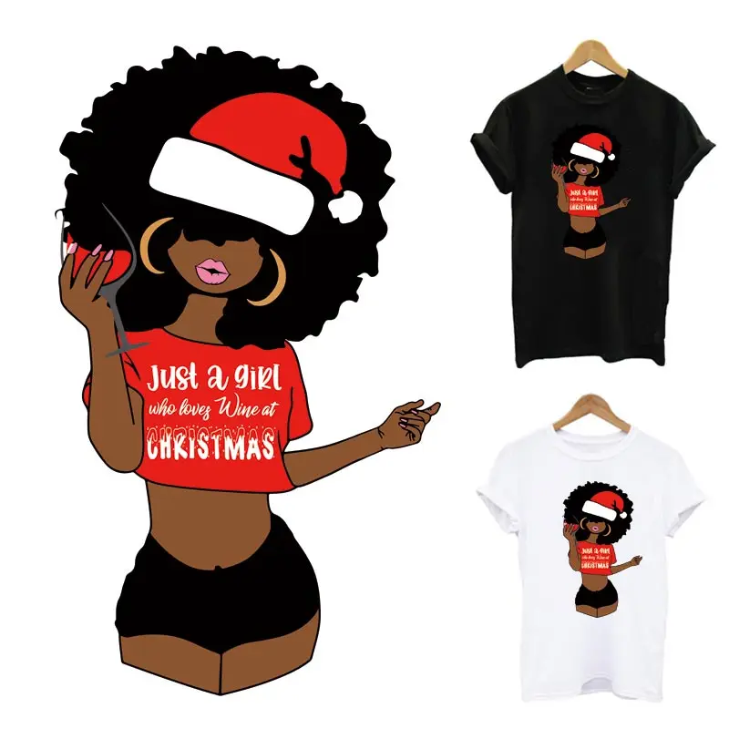 

Christmas Black Girl Heat Transfer Sticker On Clothes DIY A-Level Washable Iron On Patches For Clothing Christmas Applique Decor