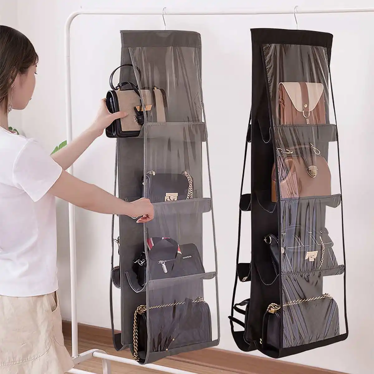 

8 Pocket Hanging Handbag Organizer Wardrobe Closet Transparent Storage Bag Door Foldable Clear Sundry Shoe Bag with Hanger Pouch
