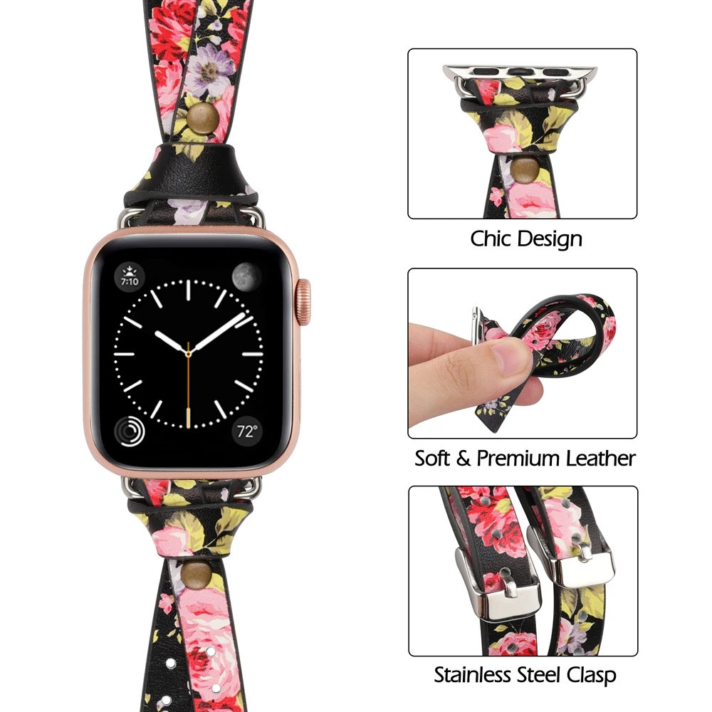 Toyouths Double Leather Band for Apple Watch Series 5 4 3 2 1 Strap for iWatch 2020 Chic Women Men Leather 38mm/40mm /42mm/44mm