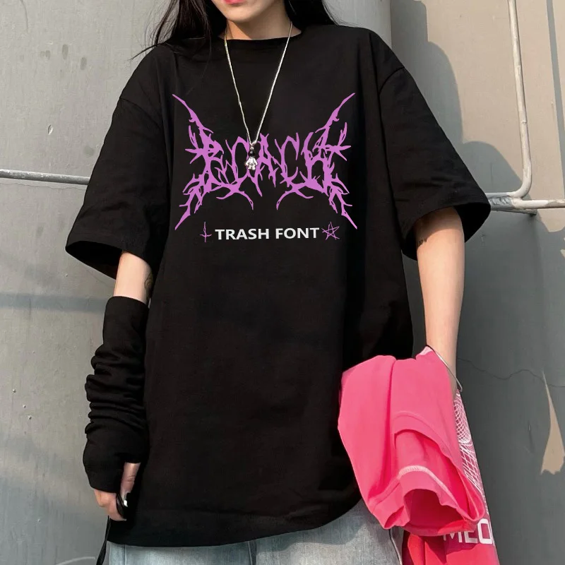 

Goth Oversized T-shirt Crop Top Sweats Harajuku Fashion Polera Alt Clothes Summer Women's Clothing Tops Y2k Style O-neck Unisex