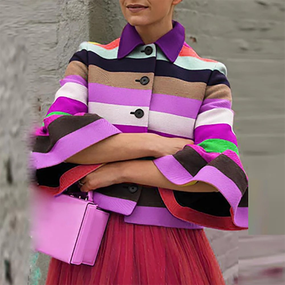 

Fashion Coats Women Autumn Rainbow Stripes Jacket 3/4 Petal Sleeve Single-Breast Coat Elegant Turn-Down Collar Office Lady Coat