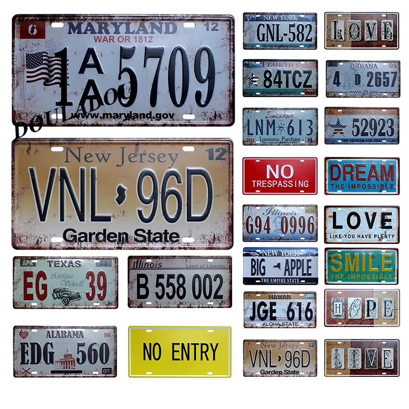 

[Douladou] Garage License Plates American Car Number plaque Vintage Metal Tin Signs Bar Club Wall Home Decoration 15*30cm