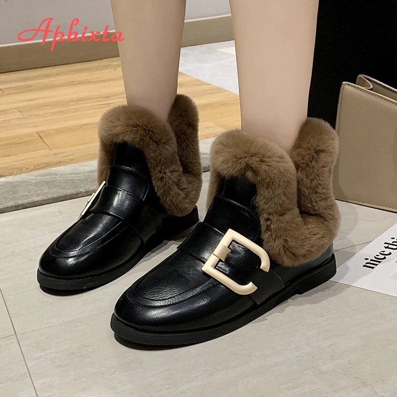Женские кожаные ботинки с пряжкой Aphixta теплые зимние мехом и плюшевой подкладкой
