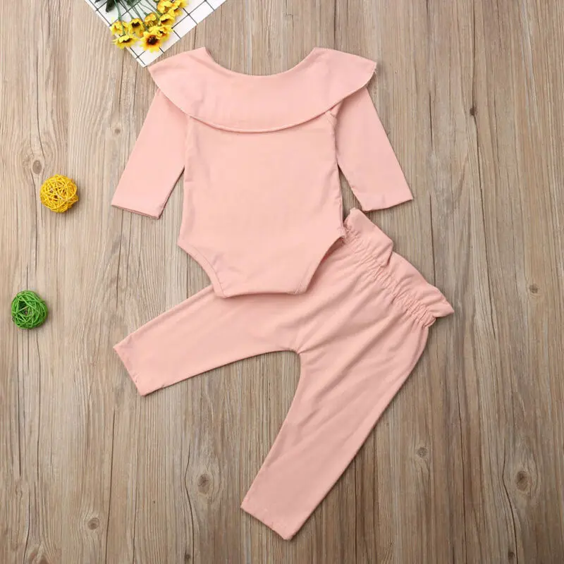 2Pcs Toddler Kids Baby Girl Ruffle Bodysuit Romper Top Solid Bowknot Pants Trousers Autumn Cotton Long Sleeve Outfit Clothes Set