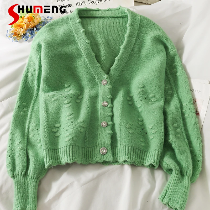 

Women's Fall Green Sweater Clothing 2021 New Korean Fashion Loose Slimming V-Neck Knitwear Coats Long Sleeve Cardigan Clothes