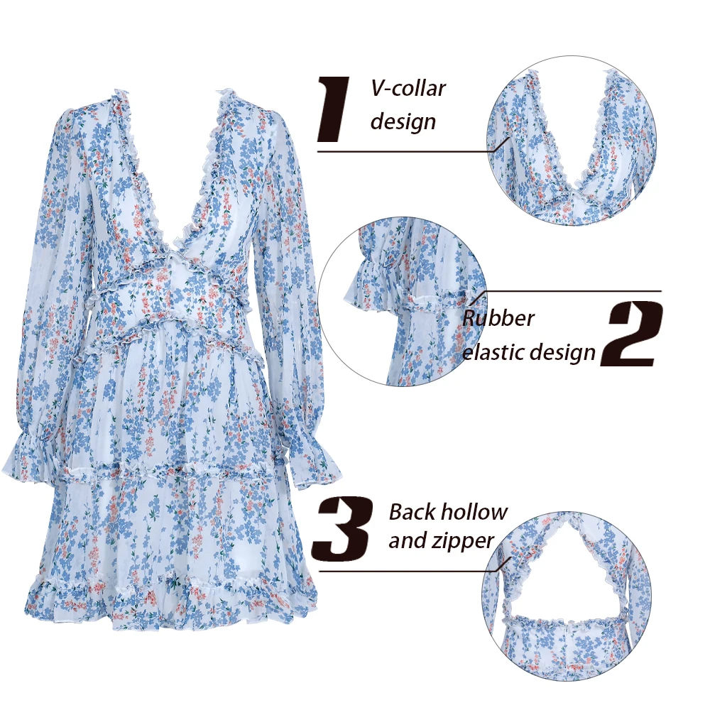 

Tosheiny 2021 Women Summer Sexy Deep V Long Sleeve Print Dresses Bohemian Backless Elegant Ruffles Summer Beach Dresses DM0011