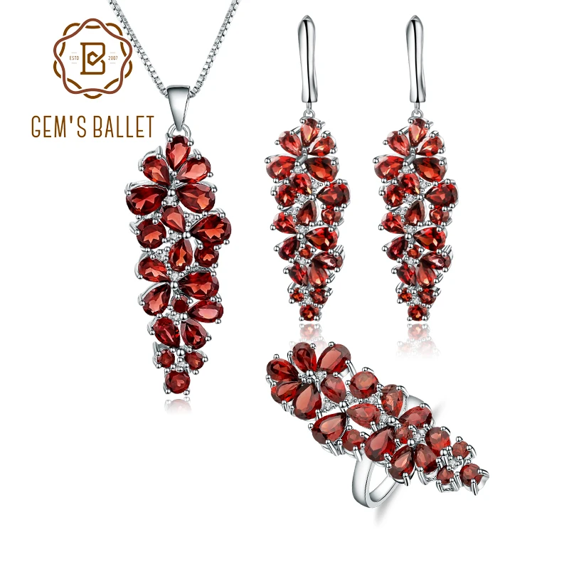 GEM'S BALLE 925 Sterling Silver Gemstone Jewelry Sets Luxury Natural Red Garnet Ring Drop Earrings Pendant Set For Women Wedding