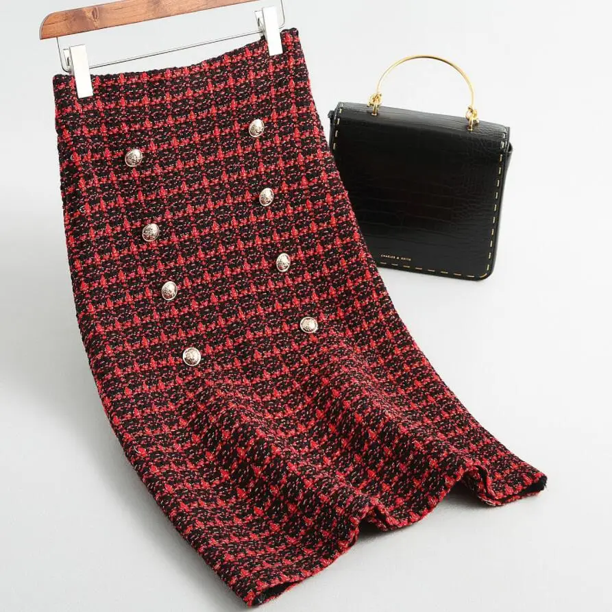 Весенне-осенняя новая твидовая Женская юбка элегантная офисная двубортная