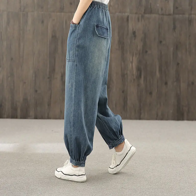 

Jeans Women 2021 Spring Autumn Plus Size Harem Pants Denim Female Korean Version Loose Stitching Large Pocket High Waist Trouser