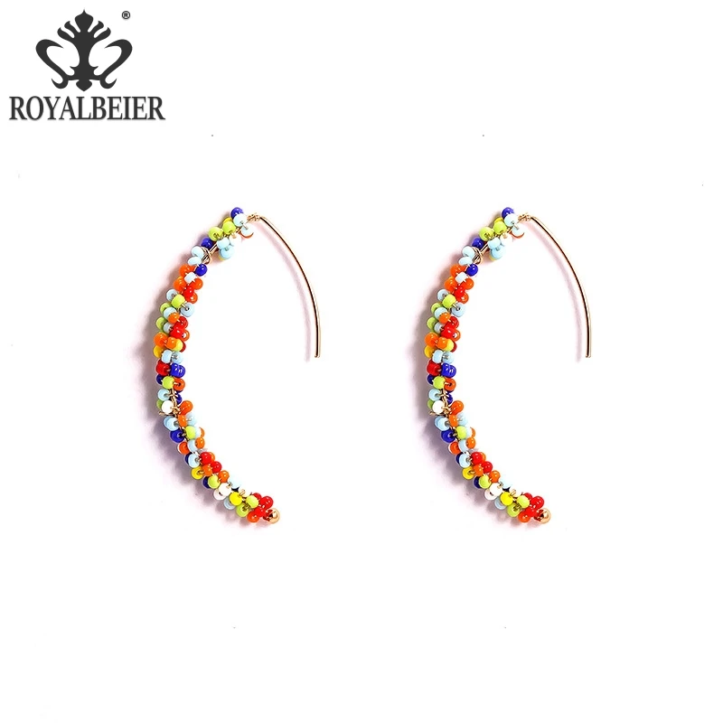

Royalbeier Women Multicolor Beads Exaggerated Curved Earrings Handmade Bohemian Irregular Dangle Earrings Girl's Party Club Gift