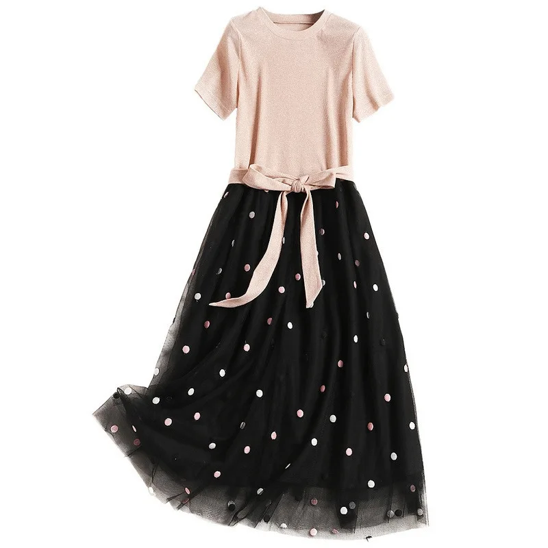 

Dot Embroidery O Neck Knitted T Shirt Bandage Patchwork Mesh New Casual Women Summer Dress