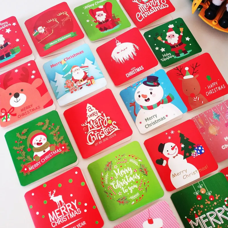 

10Pcs Greeting Fold Card Merry Christmas Square Gift New Year Postcard Holidays Blessing Xmas Snowman elk Kids 8*7CM