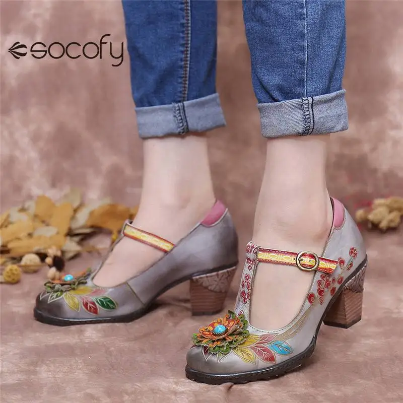 

SOCOFY Women Retro Style Leather Pumps Beaded Painted Floral Embossed T-Strap Buckle Casual Round Toe Shoes Botas Mujer 2020