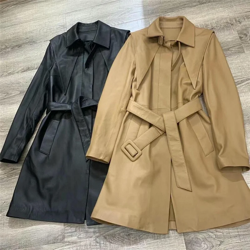 Women Real Leather Black Khaki Long Trench New Turn Down Collar Long Sleeve Loose Fit Windbreaker Fashion Tide Spring