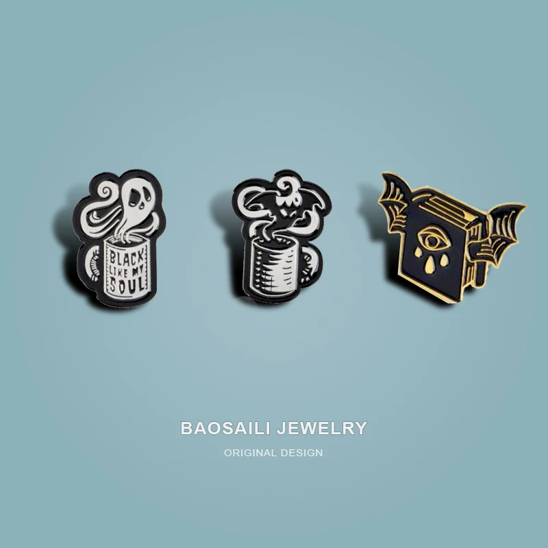 

MIX DESIGNS Personality Creative Magic Bat Black Evil Eye Coffee Cup Badge Enamel Label Pins Jacket Goth Alloy Brooch WHOLESALE
