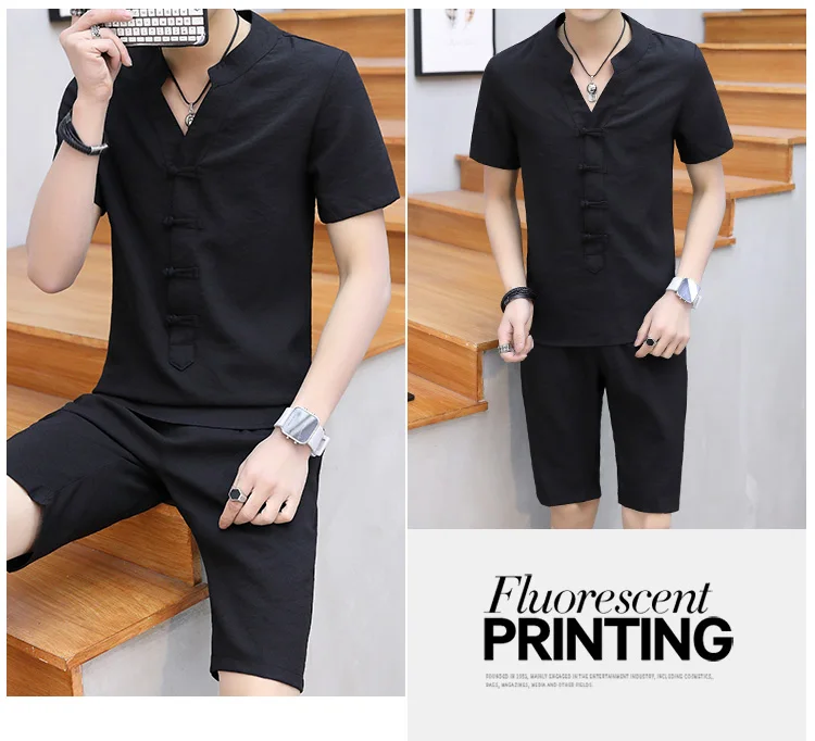 Summer Clothes Men 2 Pieces Sets VogueShorts And Short-sleeved Buckle T Shirt Men Breathable Slim Fit V Neck Linen Suits