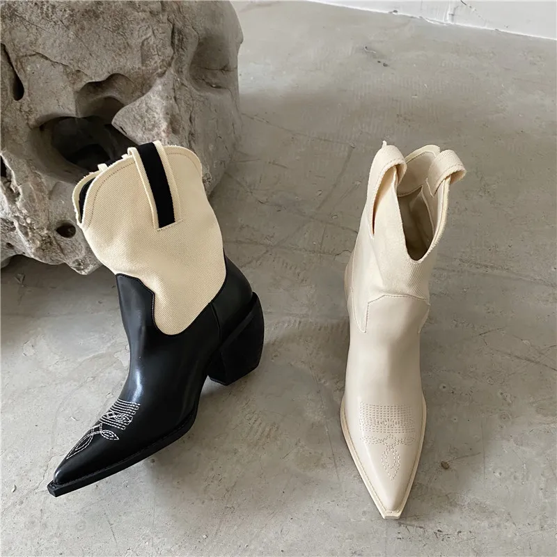 Женские ковбойские джинсовые сапоги MONMOIRA до середины икры с геометрическим