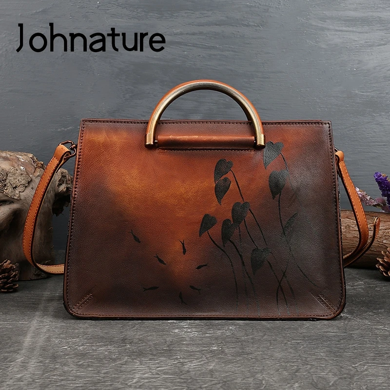 

Женская сумка с ручной росписью Johnature, винтажная вместительная сумка из натуральной воловьей кожи, сумка через плечо из первого слоя кожи, ...