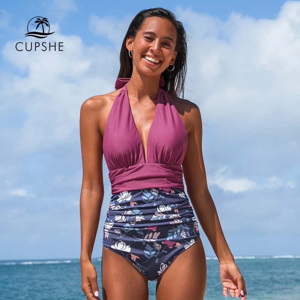 CUPSHE фиолетовый Цветочный Холтер цельный купальник женский сексуальный глубокий