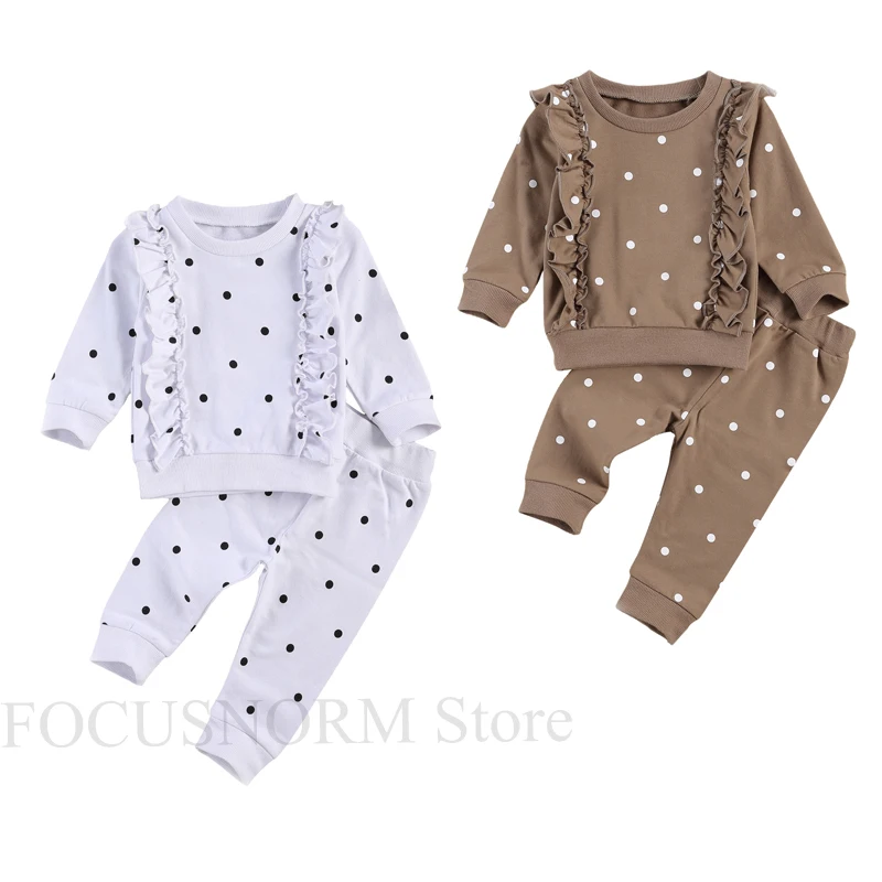 

Милый пуловер с длинными рукавами и оборками для новорожденных девочек, топы, длинные брюки, комплект одежды из 2 предметов в горошек на весн...