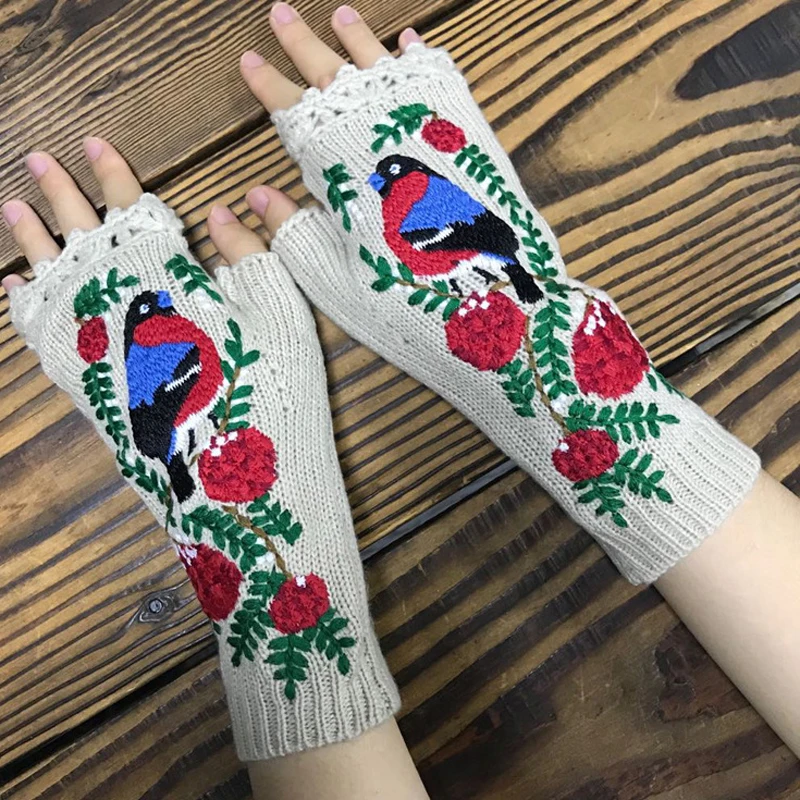 

Ladies Gloves Autumn Winter Outdoor Warm Flower Print Gloves Soft Fingerless Gloves Mittens Knitted Glove Hand Warmer Gloves
