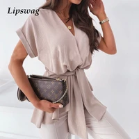 2021 summer casual short sleeve loose tops pullover elegant office lady solid shirt blouse sexy v neck women bandage shirt blusa
