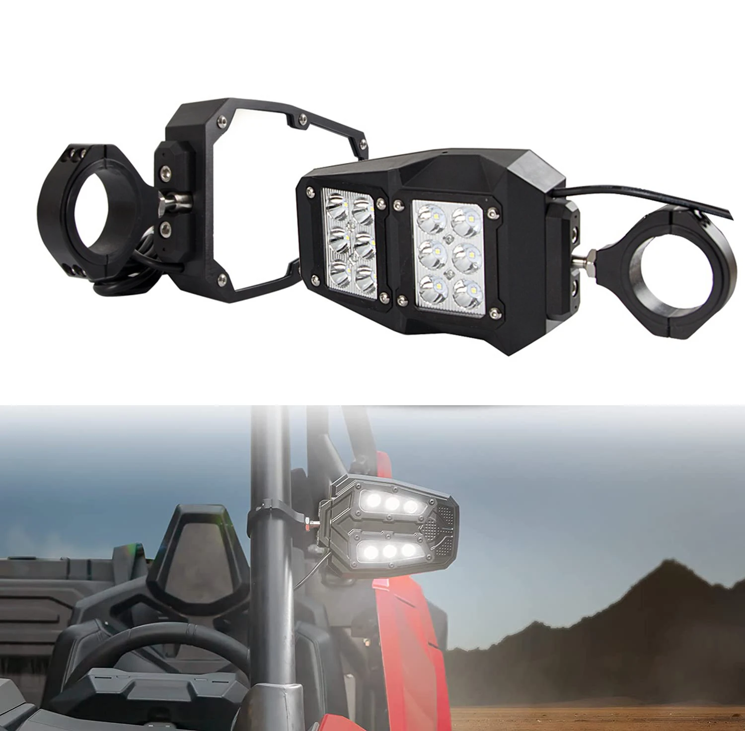 

UTV Side Rear View Mirrors with Lights, Kemimoto Side Led Mirror for 1.75" / 2" Roll Cage Bar Break Away with Ball Joint