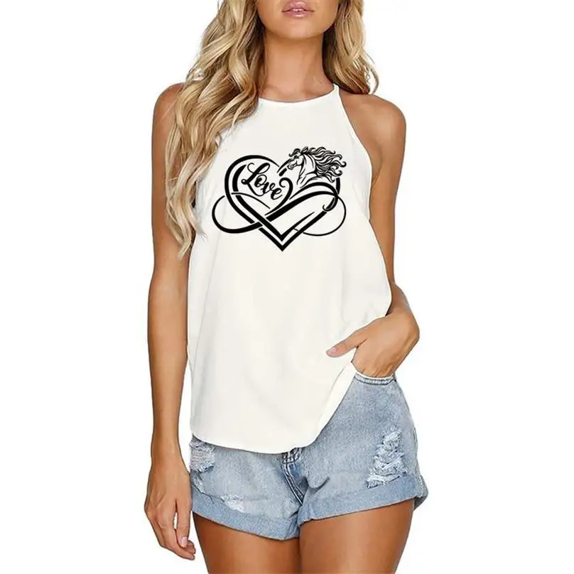 

Heart-shaped LOVE Horse Letters Printing T-Shirt For Women Summer Irregular Sexy Sling Vest Solid Color Casual O-Neck T-Shirt