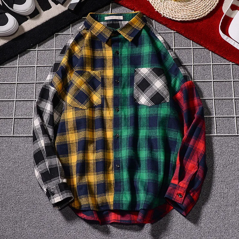 

HIP HOP Streetwear Patchwork PUNK Casual Plaid Shirt Men'S Long Sleeve High Quality 2021 Loose Spring Autumn