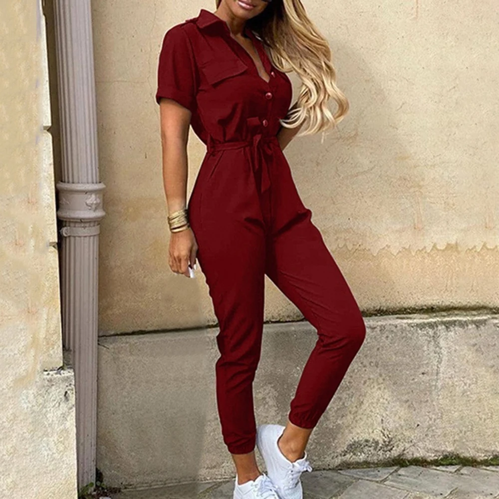 

Women Short Sleeve Casual Pockets Lace Up Solid Jumpsuit Deep V Neck Button Shirt Overalls Short Sleeve Office Lady Romper Belt