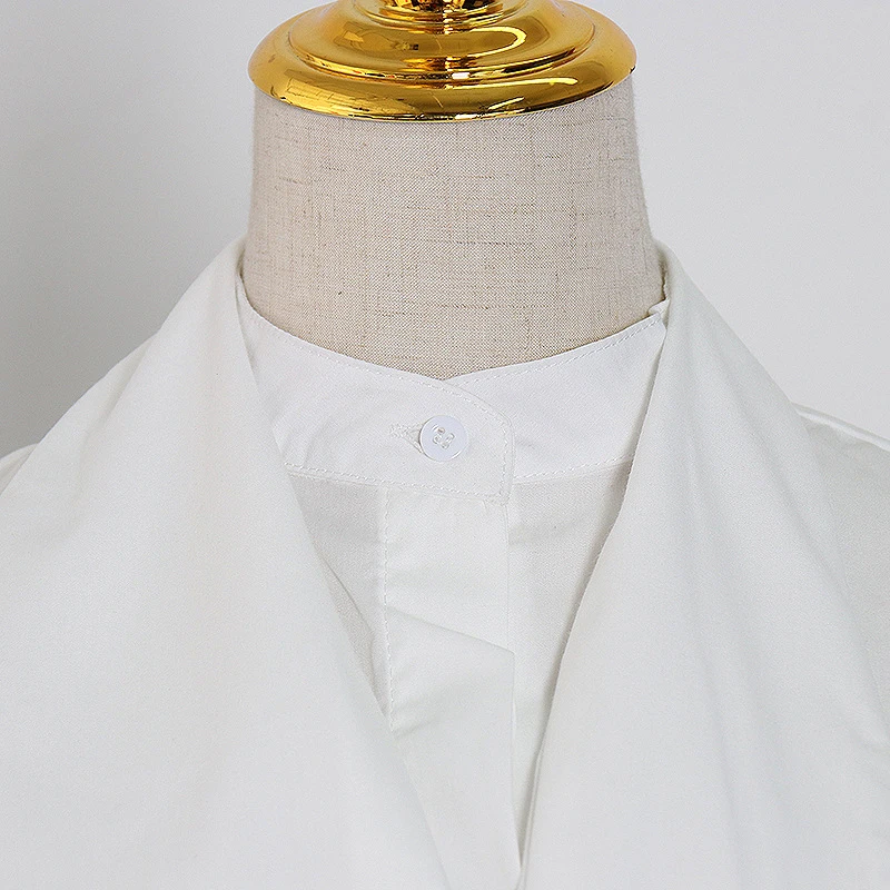 

GALCAUR White Shirts For Women Stand Collar Long Sleeve Casual Patchwork Pleated Solid Blouses Female 2021 Autumn Clothing Tide