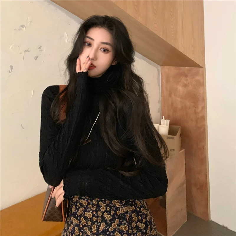 

2021 New Spring Sweet Outer Wear Base Sweaters Women Korean Pullovers Short Half High Neck Stitching Knitted Sweater