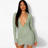 women polo collar solid folds low cut long sleeved mini dress outfits party club sexy mini bodycon dresses y2k