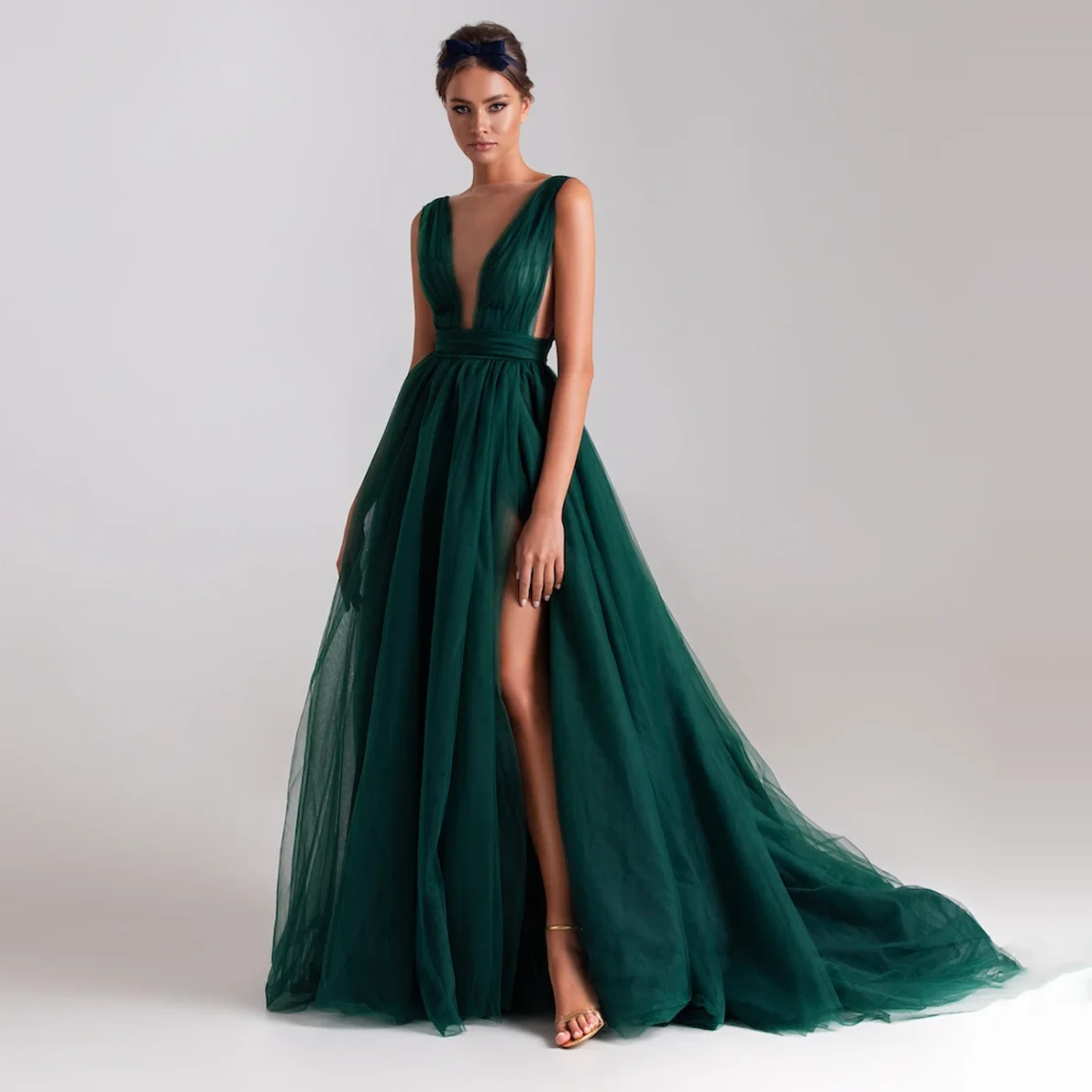 

Elegant Evening Gown Green V-Neck Prom Dresses Women Side Slit Evening Dress With Train Quality Dress A-Line Prom Dress 2021