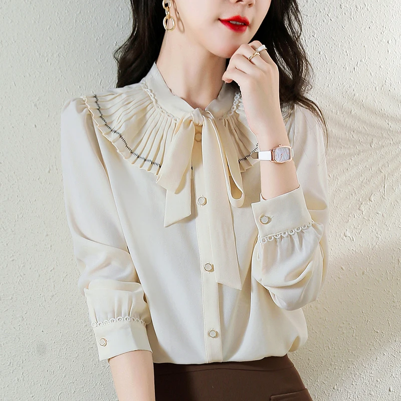 

Splicing Chiffon Women's Blouse O-neck Spring Autumn Shirt Long Sleeve Fashion Casual Top Houthion