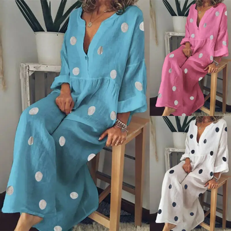 Plus Size Women Boho V-neck Long Shirt Dress Summer Holiday Polka Dot Maxi | Женская одежда