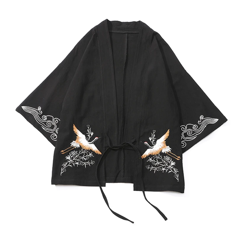 

M-5XL Half Sleeve Crane Embroried Kimono Shirts for Men Cloud Embroried Collarless Shirt Summer Streetwear Plus Size Men Clothes