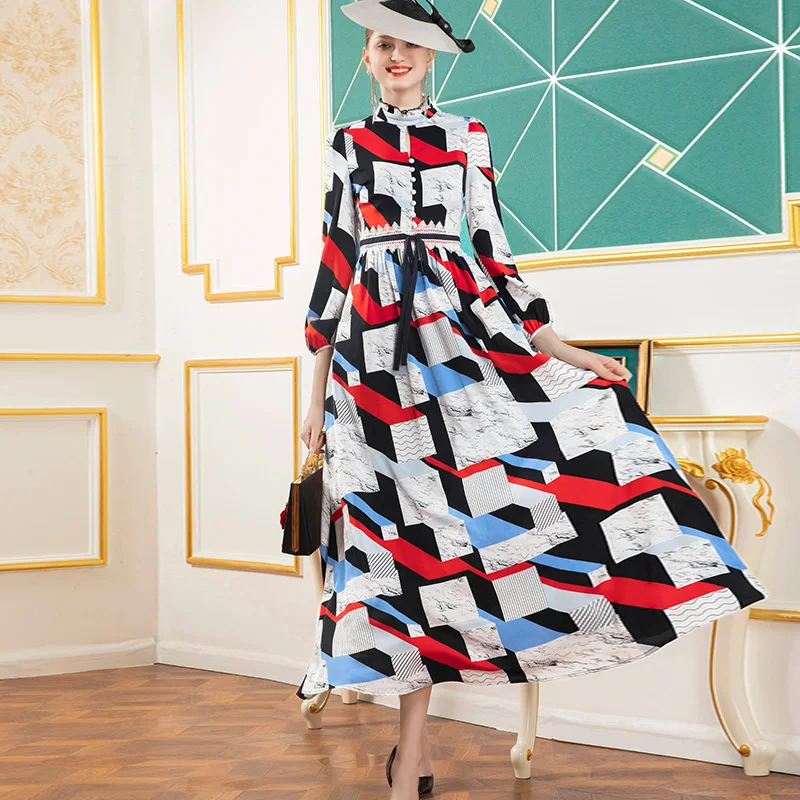 

2021 Chiffon Spring Autumn Long Dress Office Lady Women Printing Maxi Dress Slim Waist Sashes Birthday Dress for Women DZ1364