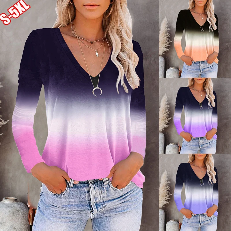 

2021 New Loose Autumn Women's T-shirt Casual V-Neck Long sleeve Tie Dye Gradient Printing Tee Tops Plus Size S-5XL