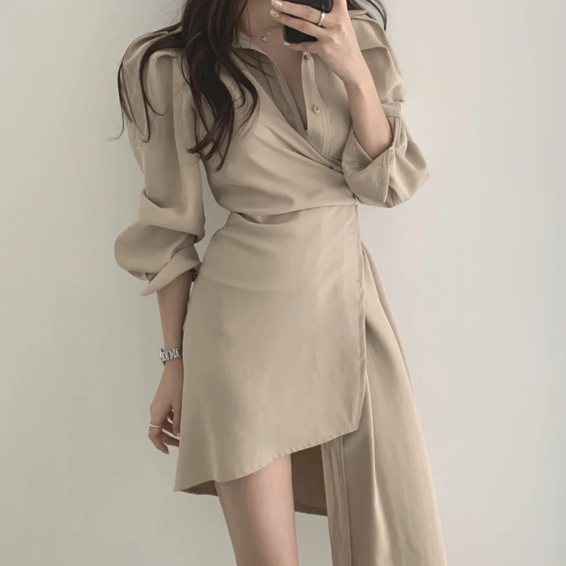 

One Piece Dress Korean Chic Early Autumn Temperament Light Mature Lapel Single Breasted Waist Long Irregular Shirt Dress Women