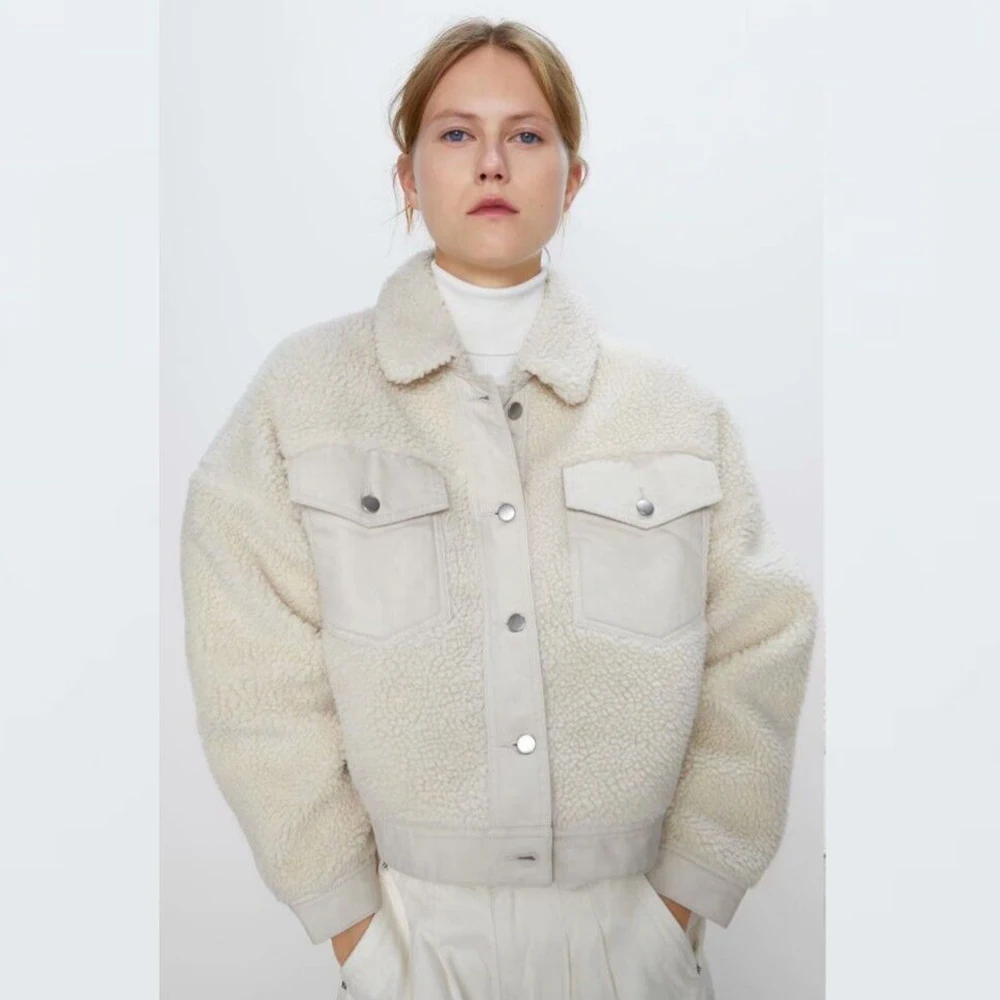 2019 Зимняя мода ZA Женская куртка однотонная флисовая стеганая воротник с