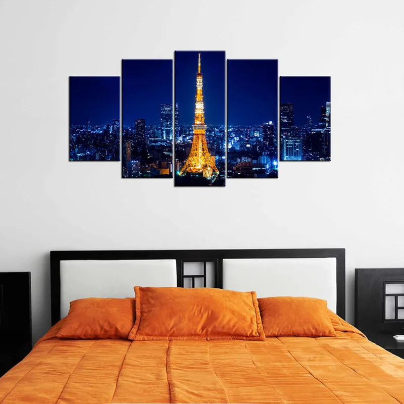 

5 Pieces Canvas Posters and Prints Bedroom Eiffel Tower Night View Print Home Decor Poster HD Painting for Room Decoration