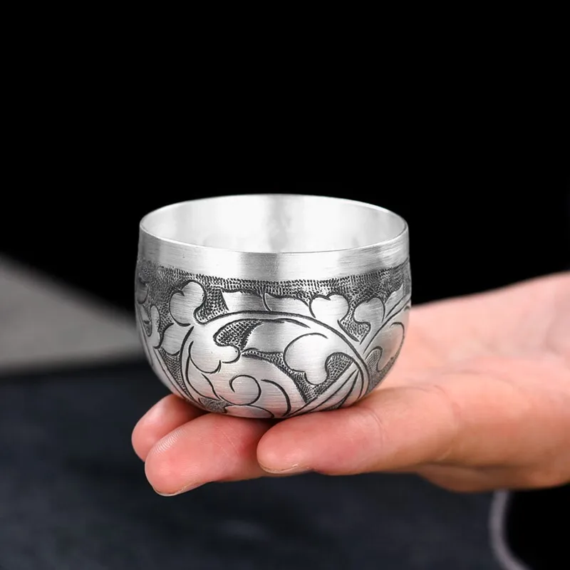 

Peony silver cup, silver tea cup, 999 sterling silver Kungfu tea set, single glass of wine, silverware, weight 62g