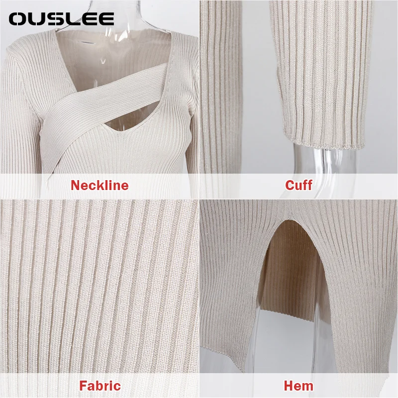 

OUSLEE Slim Split Sweater Dress Women Long Sleeve V-neck Korean Style Elegant Knit Dresses 2021 Spring Sexy Basic Vestidos Mujer
