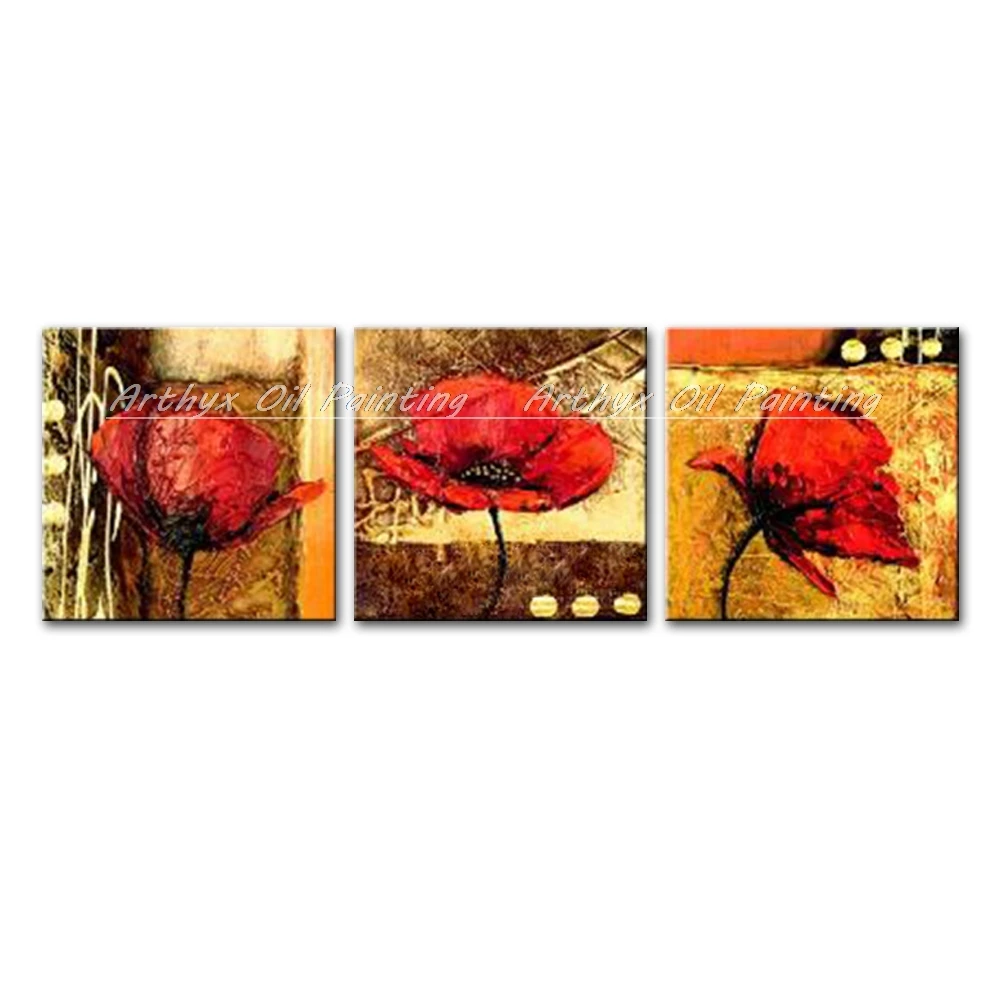 

Hand Painted Wall Art Red Beautiful Flowers Home Decoration Abstract Oil Paintings On Canvas,3Pcs /set No Framed Modern Pictures
