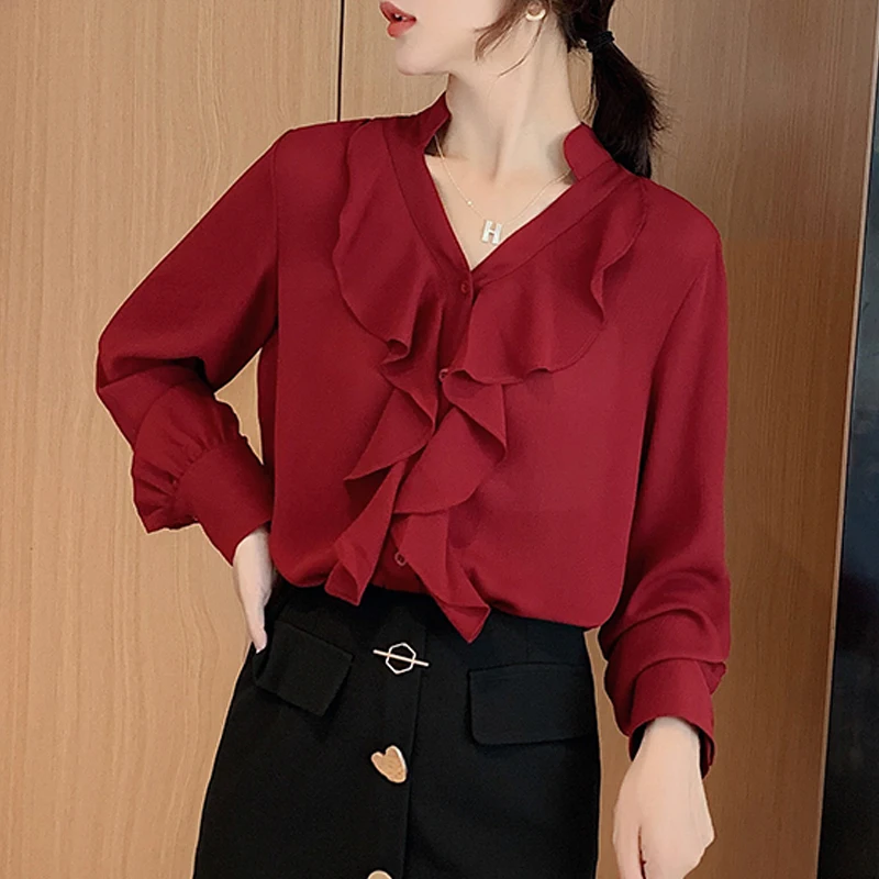 

Autumn blusas mujer de moda 2021 Long Sleeve V-neck Solid Elegant Women Tops Retro Women Clothing Chiffon Women Blouses 6142 50